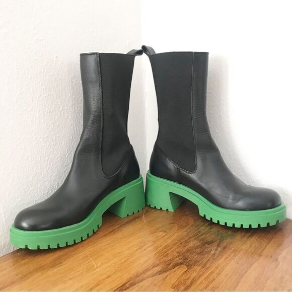 STEVE MADDEN Hesitant Black Leather Platform Boot Midi Green Lug Sole Size 6 New - Picture 3 of 15